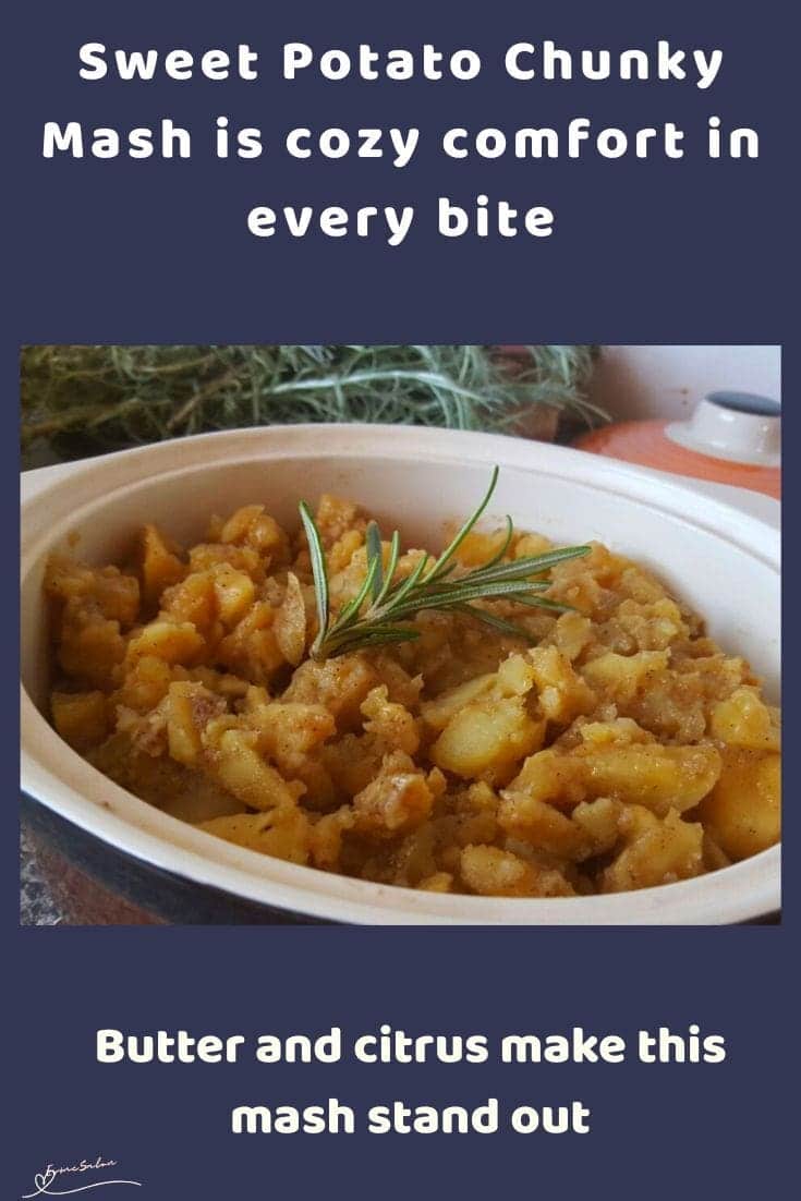 an image of a white dish with Sweet Potato Chunky Mash and a sprig of rosemary