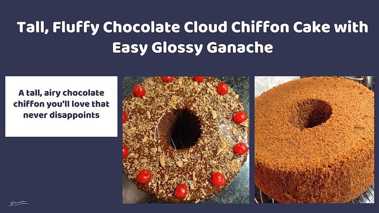 an image of a Chocolate Cloud Chiffon Cake decorated with flake chocolate and cherries