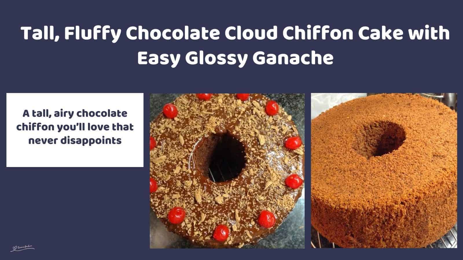 an image of a Chocolate Cloud Chiffon Cake decorated with flake chocolate and cherries