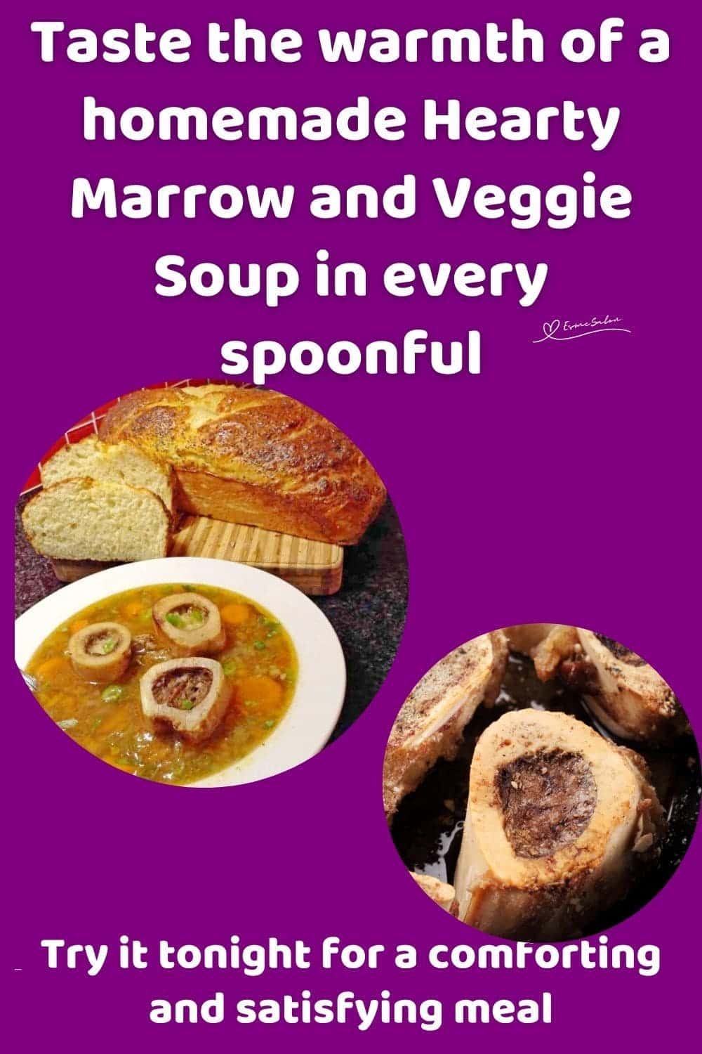 an image of a white soup bowl filled with Hearty Marrow and Veggie Soup and bread on the side