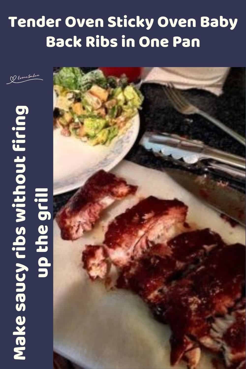 an image of Sticky Oven Baby Back Ribs on a white platter with a side of salad