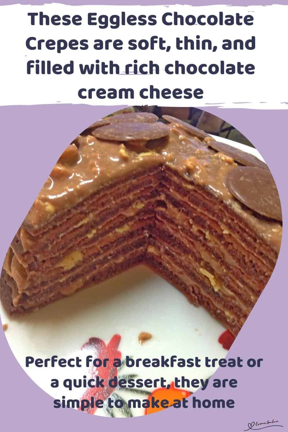 an image of a stack of Eggless Chocolate Crepes with chocolate buttons and chocolate cream cheese filling