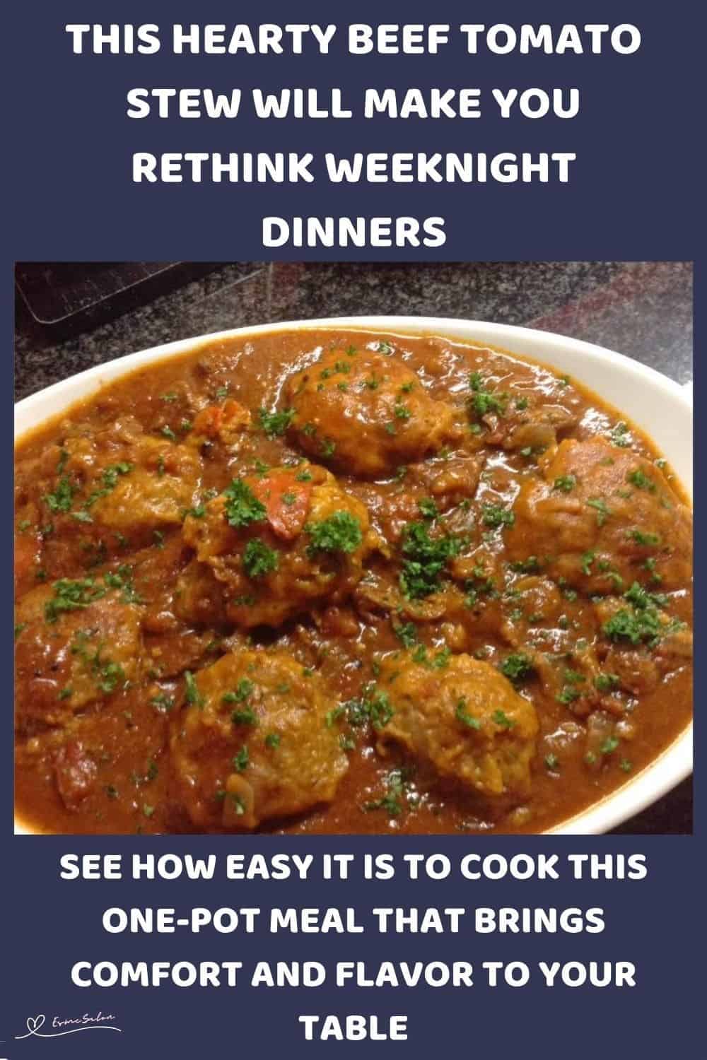 an image of an oval white platter with a Hearty Beef Tomato Stew and dumplings