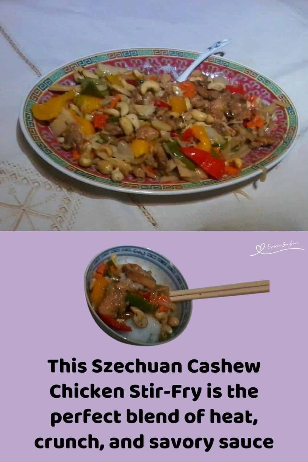 an image of a bowl of brightly coloured saucy Szechuan Cashew Chicken Stir Fry