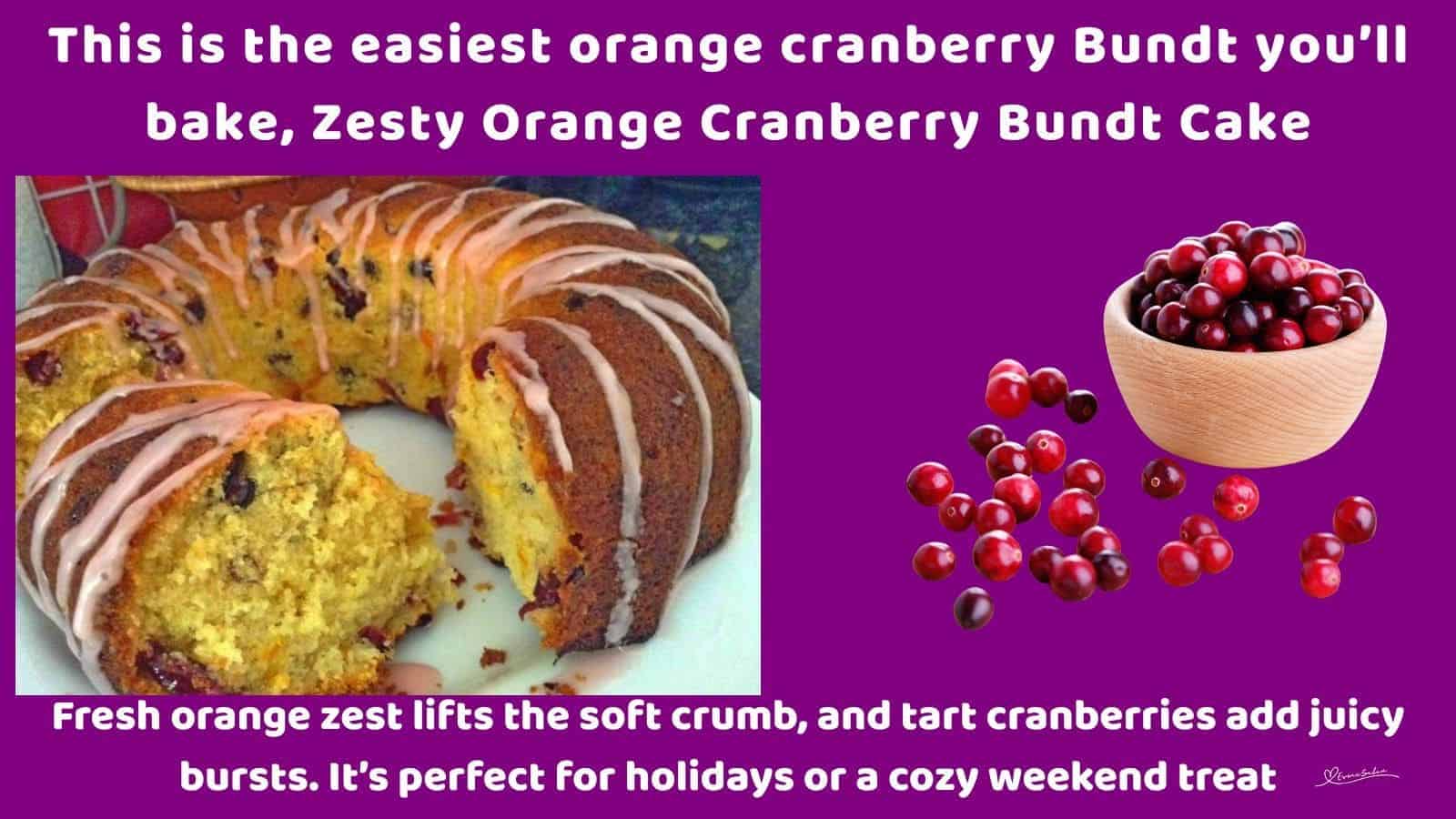 an image of a Zesty Orange Cranberry Bundt Cake on a white cake platter