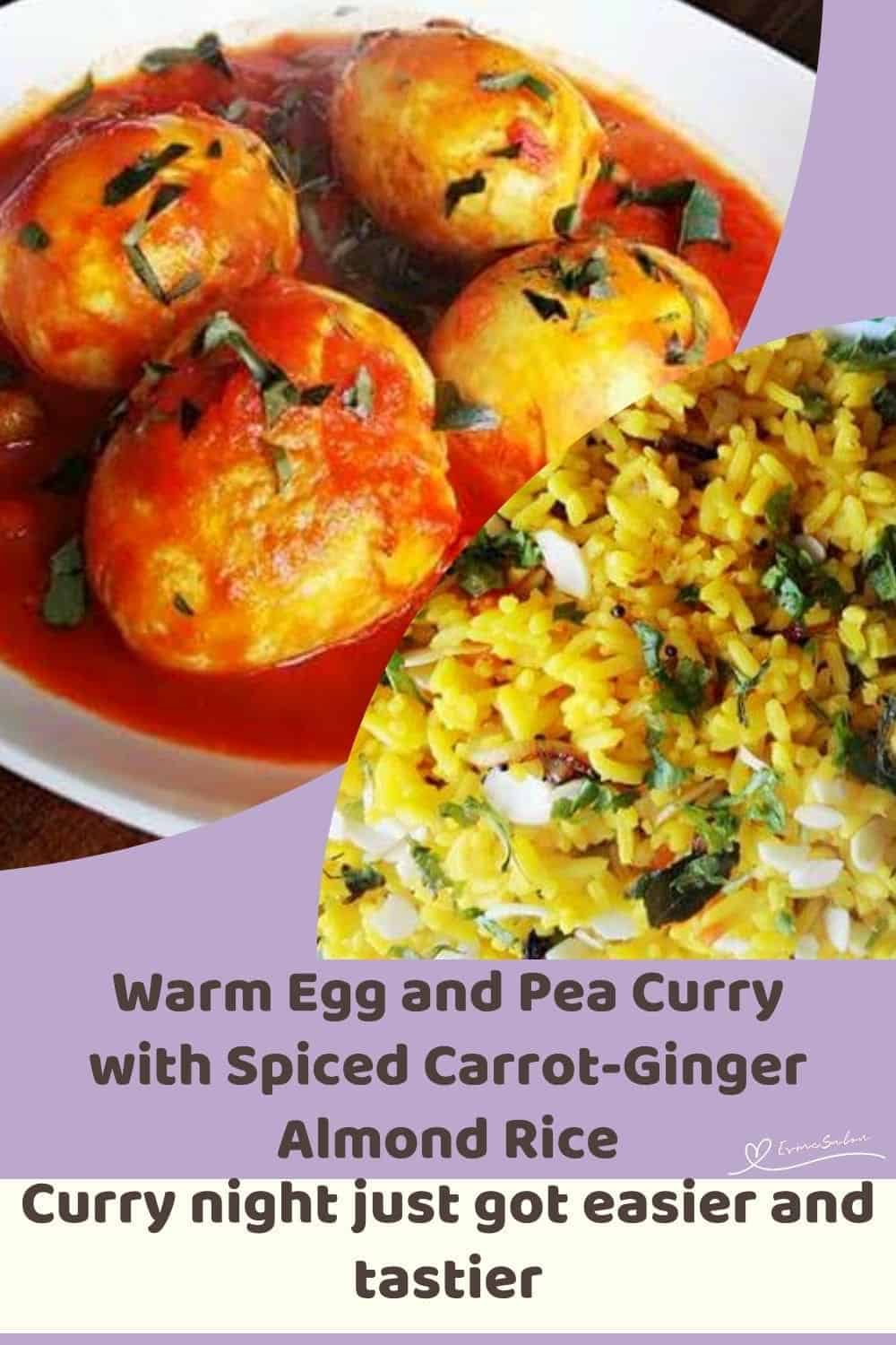 an image of Egg and Pea Curry with Fragrant Almond-Carrot Rice