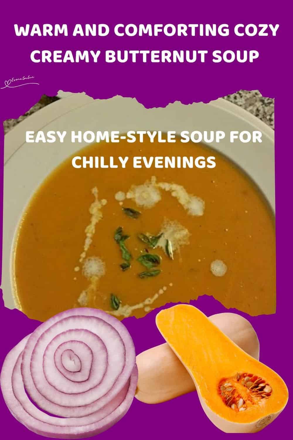 an image of a Cozy Creamy Butternut Soup in a white soup bowl with a drizzle or cream and greens