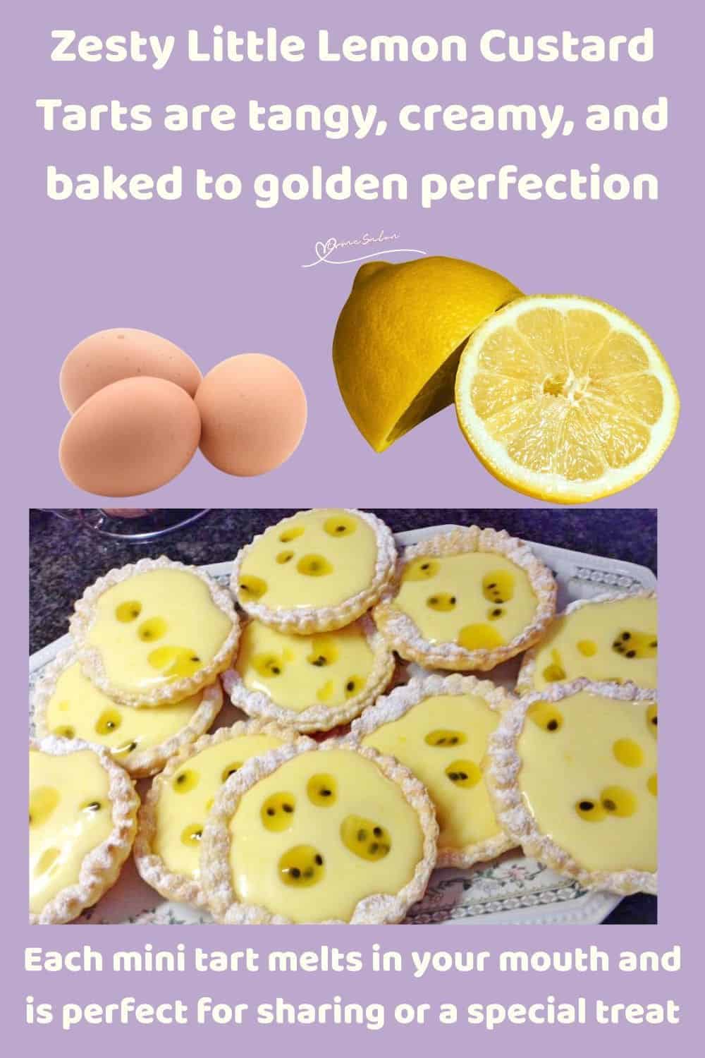 an image of Little Lemon Custard Tarts with passion fruit decoration on a white platter