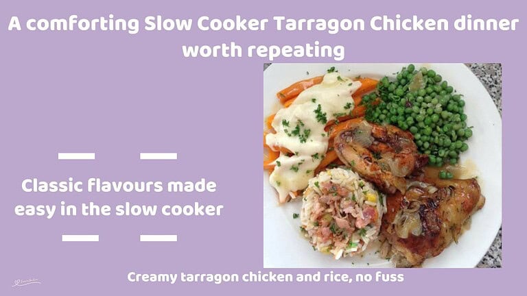 An image of Slow Cooker Tarragon Chicken with rice, peas and carrots