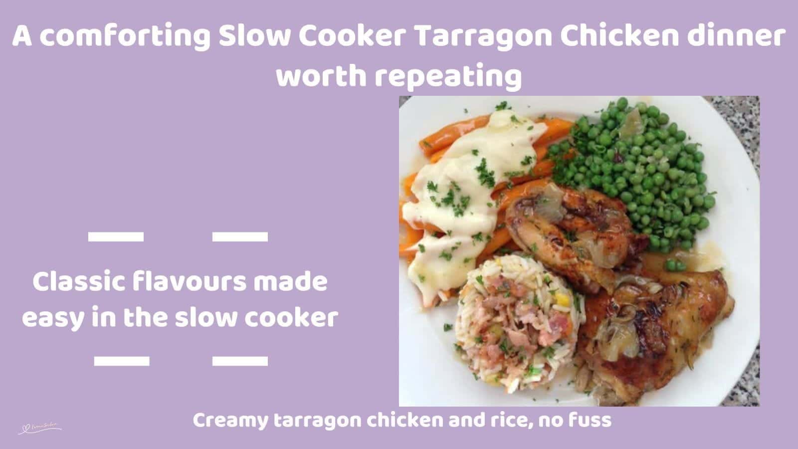 An image of Slow Cooker Tarragon Chicken with rice, peas and carrots