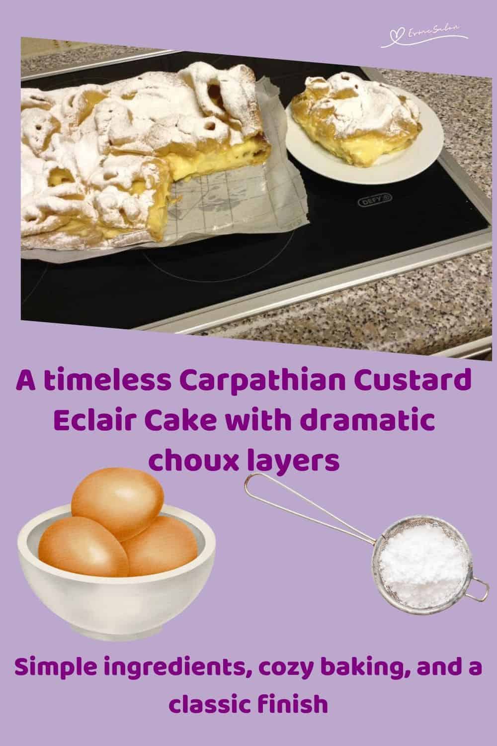 an image of a rustic Carpathian Custard Eclair Cake dusted with icing sugar