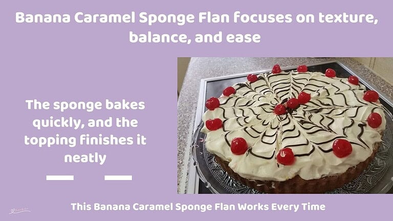 An image of a Banana Caramel Sponge Flan decorated with maraschino cherries