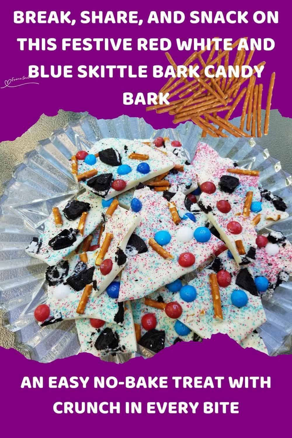 an image of Red White and Blue Skittle Crunch Bark with Pretzel sticks