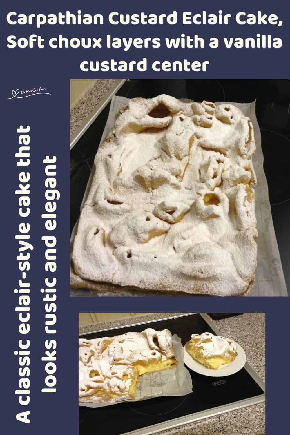 an image of a rustic Carpathian Custard Eclair Cake dusted with icing sugar