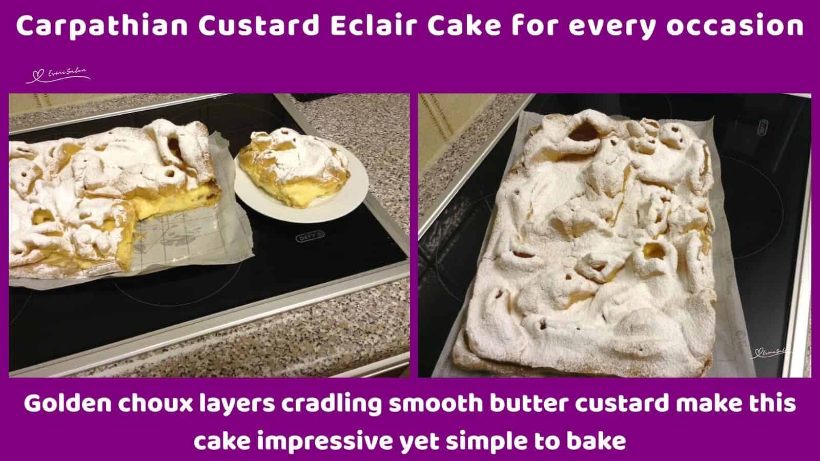 an image of a rustic Carpathian Custard Eclair Cake dusted with icing sugar