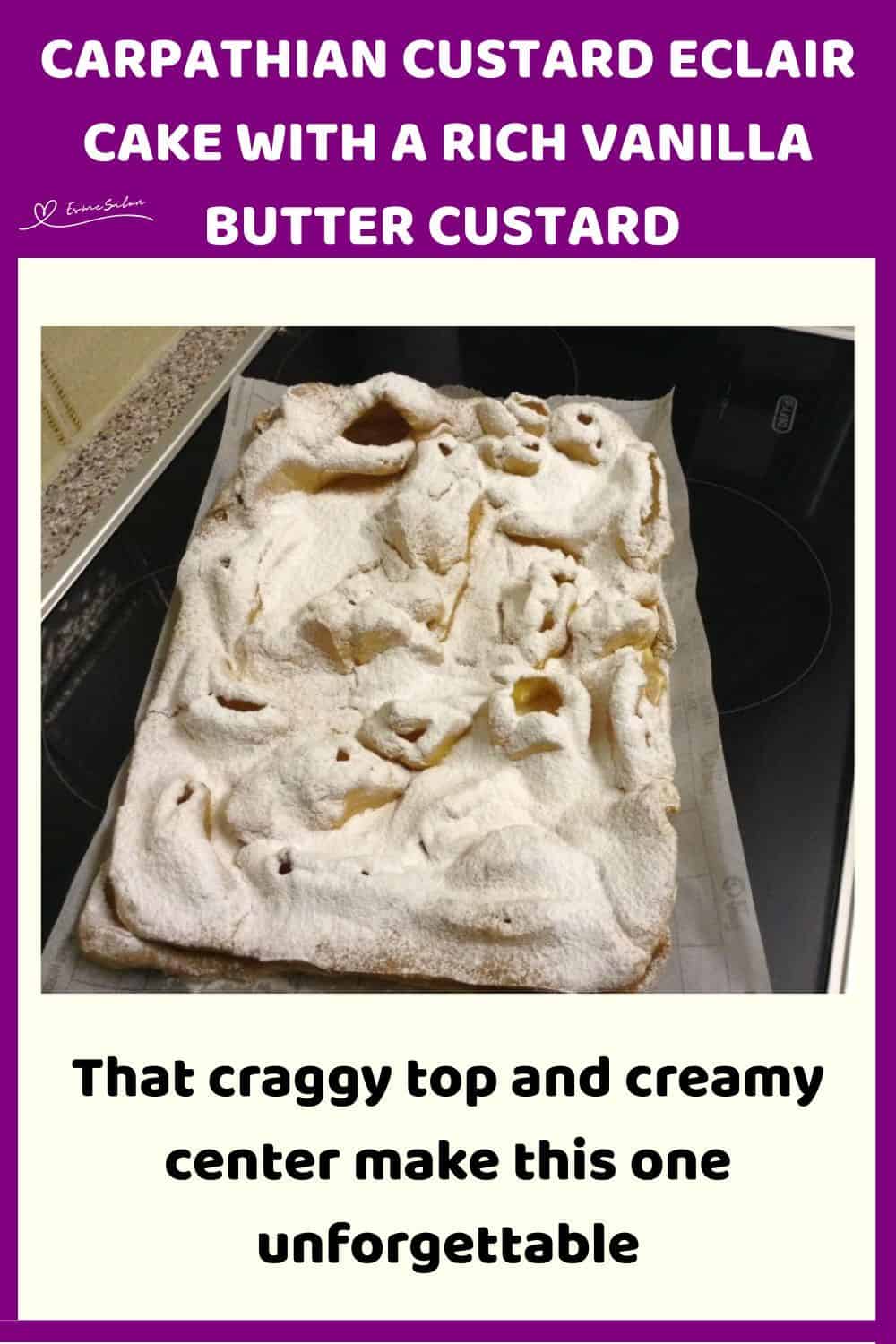 an image of a rustic Carpathian Custard Eclair Cake dusted with icing sugar