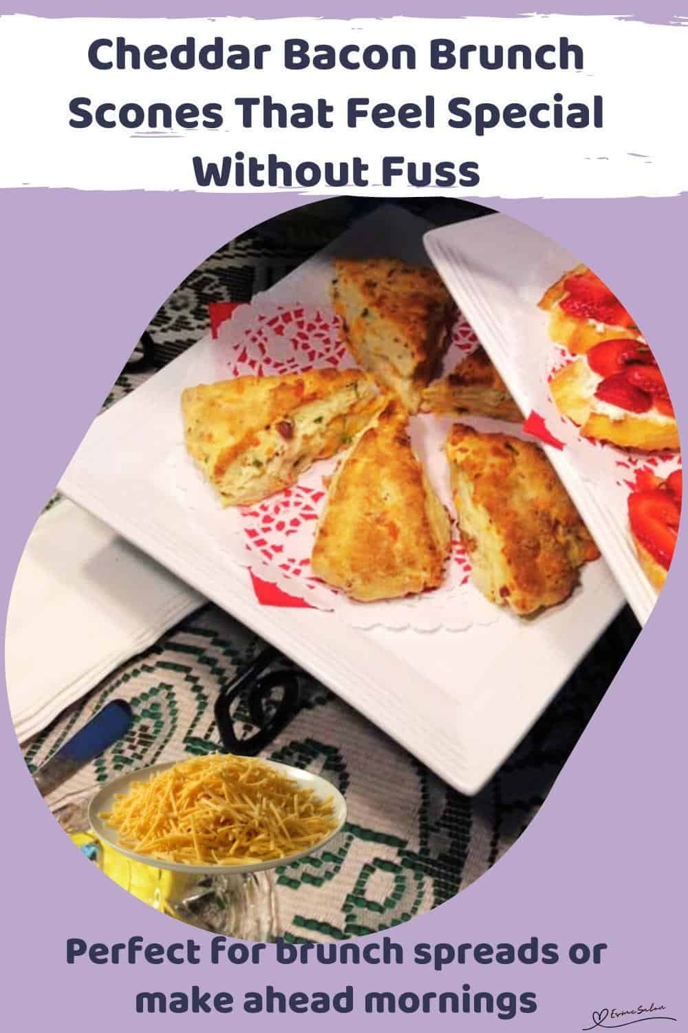 An image of triangle shaped Cheddar Bacon Brunch Scones