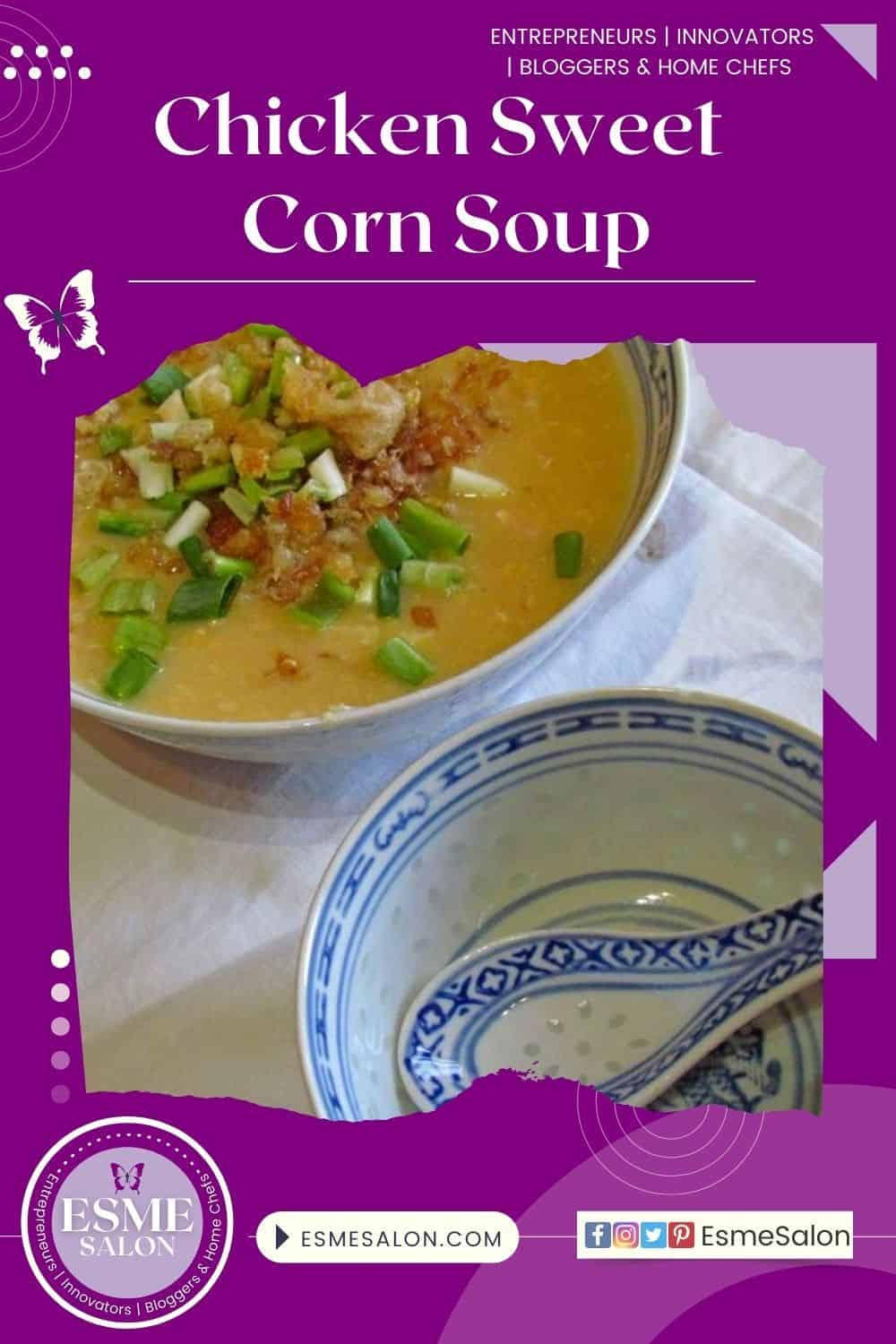 An image of two Chinese bowls with Chicken Sweet Corn Soup
