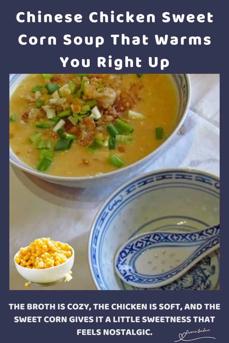 an image of a Chinese Chicken Sweet Corn Soup in a pretty Chinese soup bowl and spoon