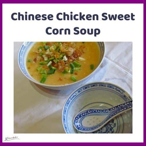 an image of a Chinese Chicken Sweet Corn Soup in a pretty Chinese soup bowl and spoon