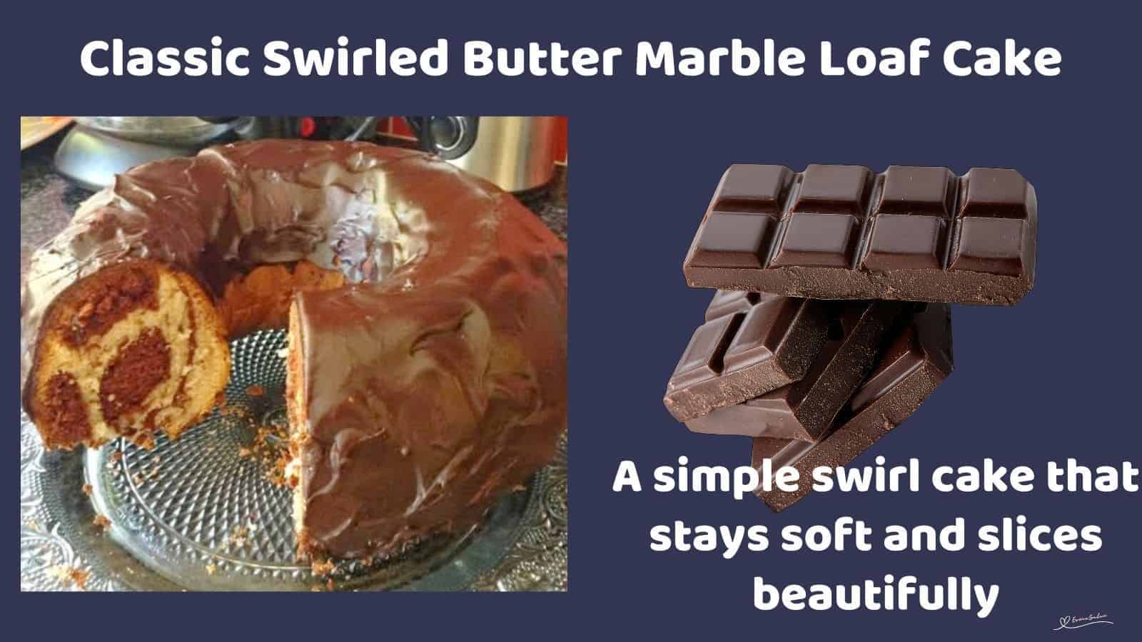 an image of a Bundt Style Swirled Butter Marble Loaf Cake with Ganache topping