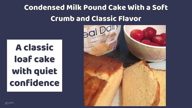 An image of a Condensed Milk Pound Cake with a container of ice cream and a bowl of berries on the side