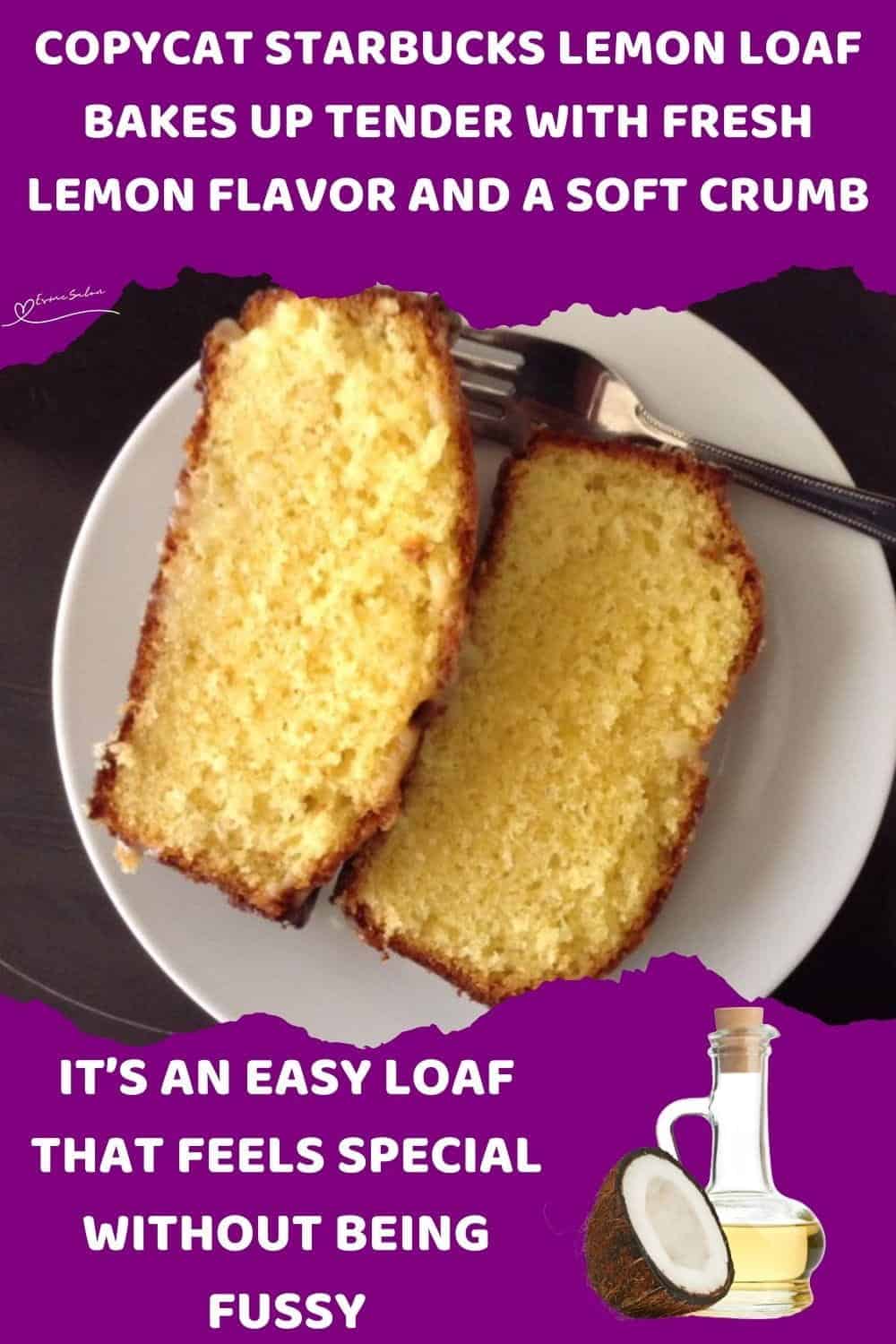 An image of Copycat Starbucks Lemon Loaf slices on a white plate with a fork