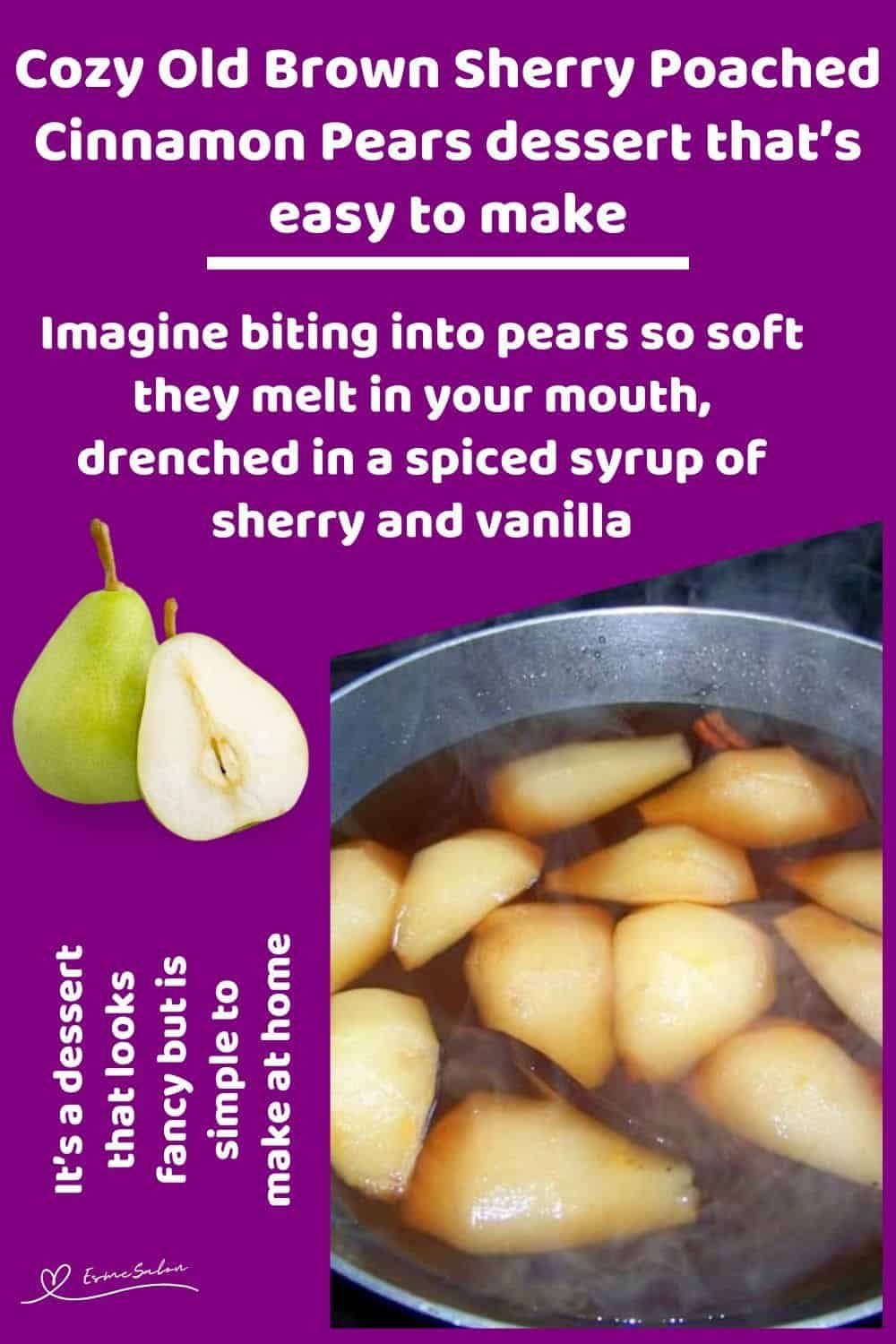 an image of a pan with Old Brown Sherry Poached Cinnamon Pears on stovetop