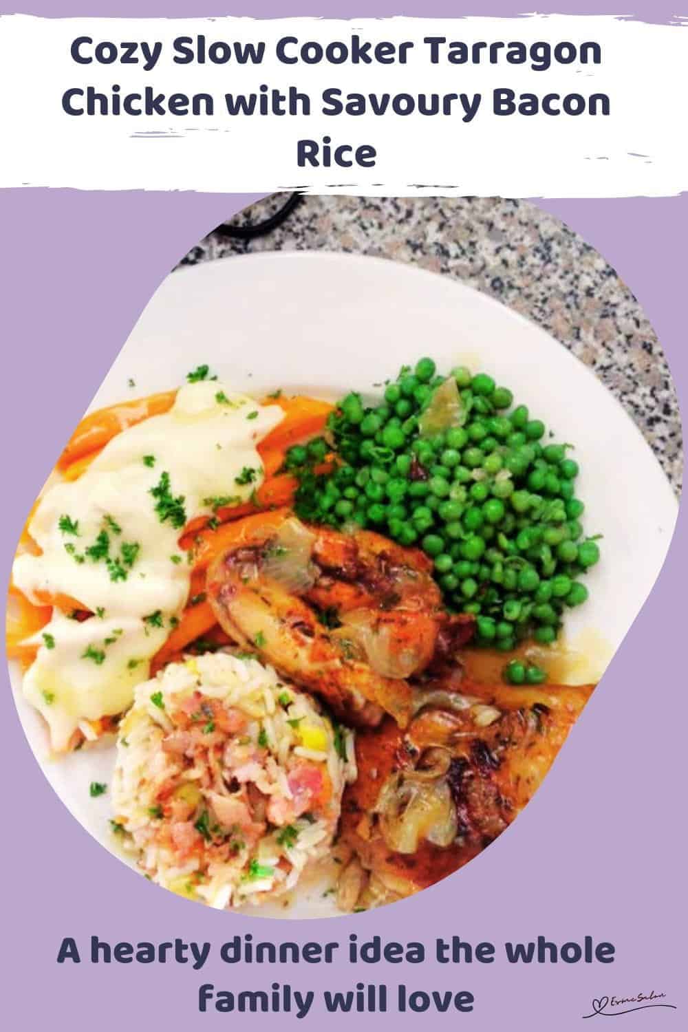 An image of Slow Cooker Tarragon Chicken with rice, peas and carrots
