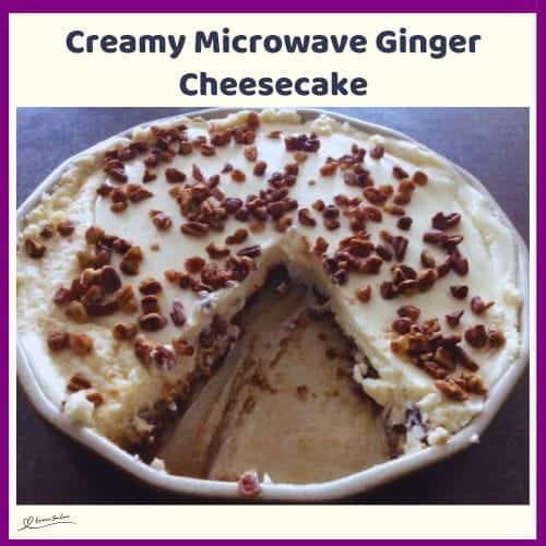 An image of a Creamy Microwave Ginger Cheesecake with a sprinkle pecan nuts on top