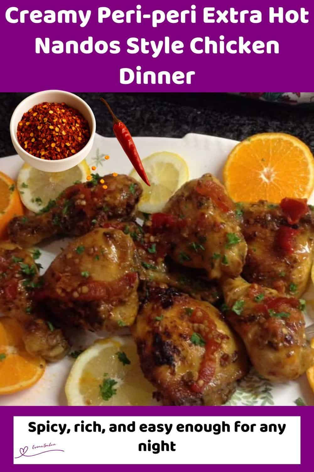 An image of a plate of Extra Hot Nandos Style Chicken with lemon slices