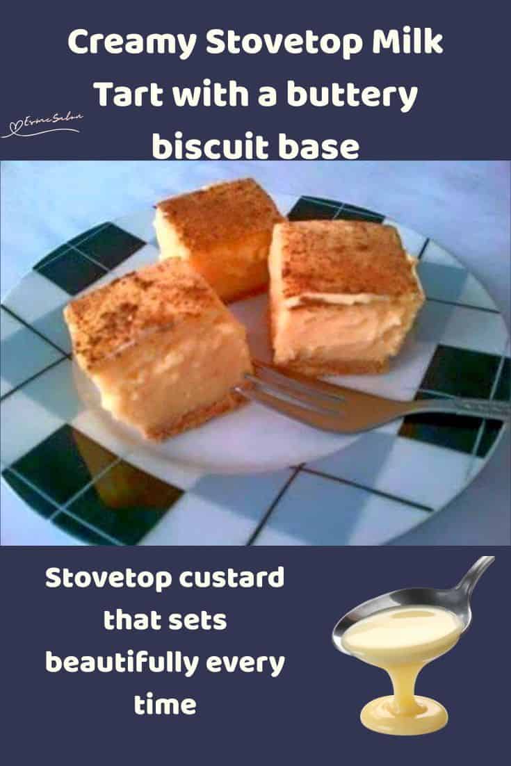 an image of 3 cubes of Creamy Stovetop Milk Tart on a checkered white and black plate