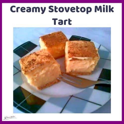 an image of 3 cubes of Creamy Stovetop Milk Tart on a checkered white and black plate