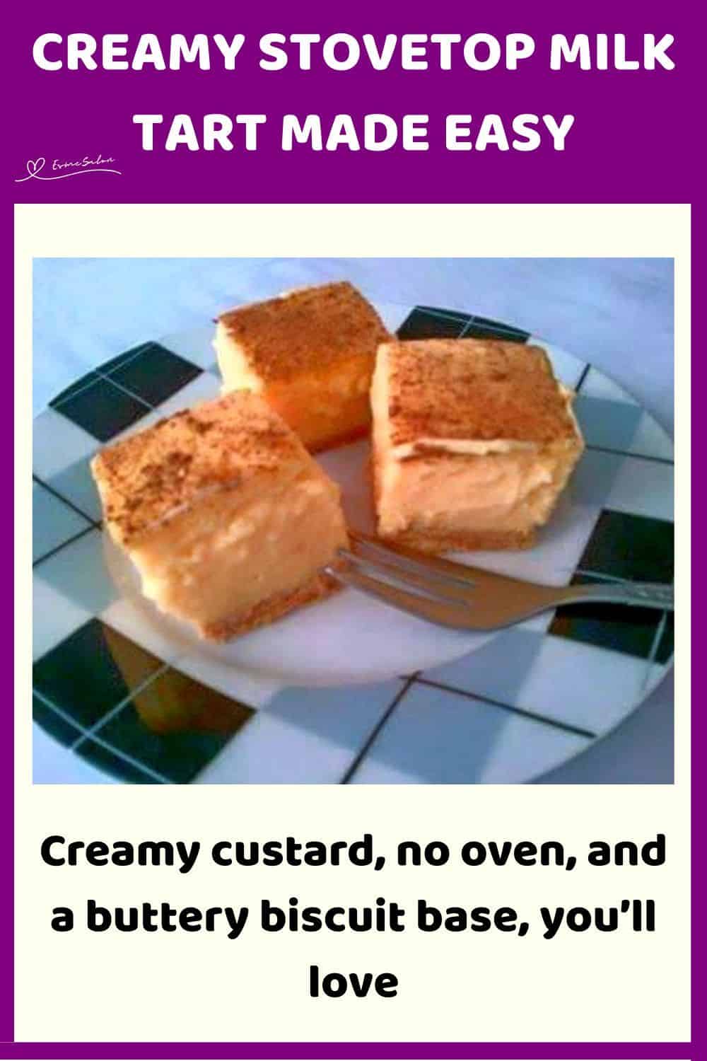 an image of 3 cubes of Creamy Stovetop Milk Tart on a checkered white and black plate