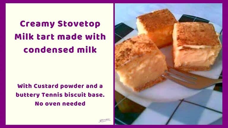 an image of 3 cubes of Creamy Stovetop Milk Tart on a checkered white and black plate