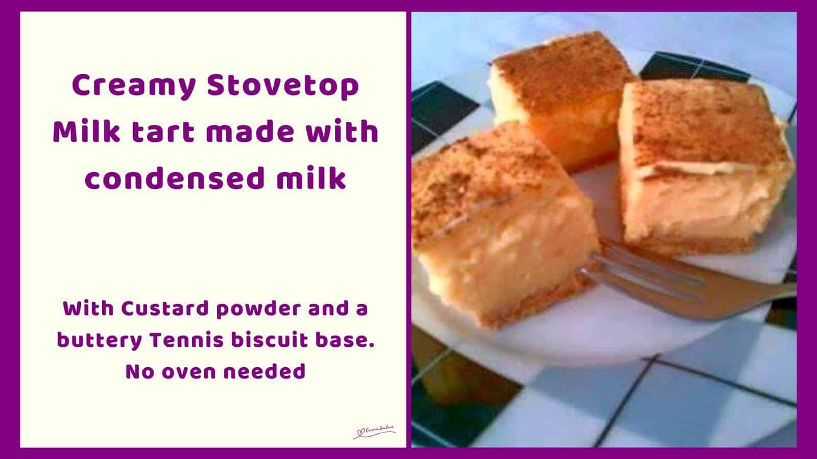 an image of 3 cubes of Creamy Stovetop Milk Tart on a checkered white and black plate