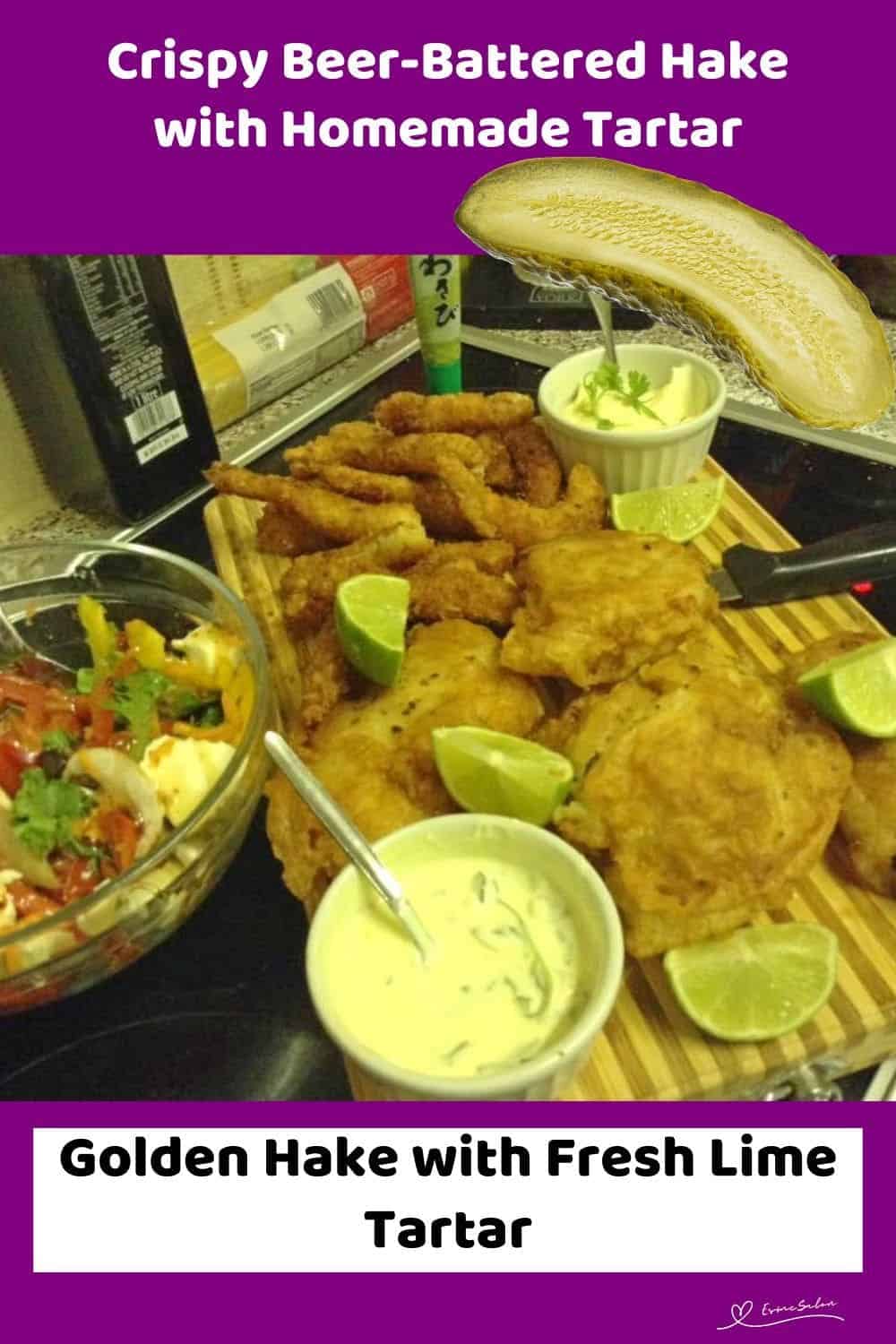 an image of Crispy Beer-Battered Hake with Tartar sauce on the side