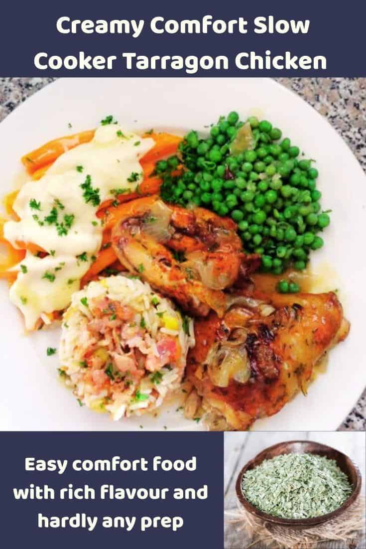An image of Slow Cooker Tarragon Chicken with rice, peas and carrots