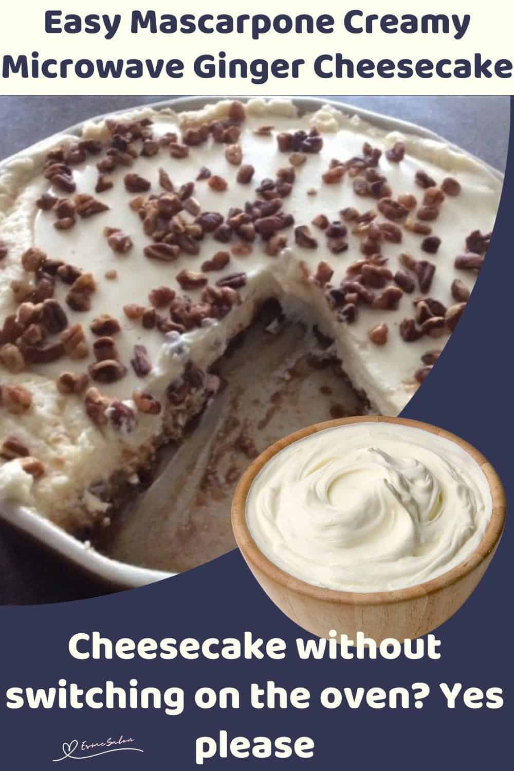 An image of a Creamy Microwave Ginger Cheesecake with a sprinkle pecan nuts on top