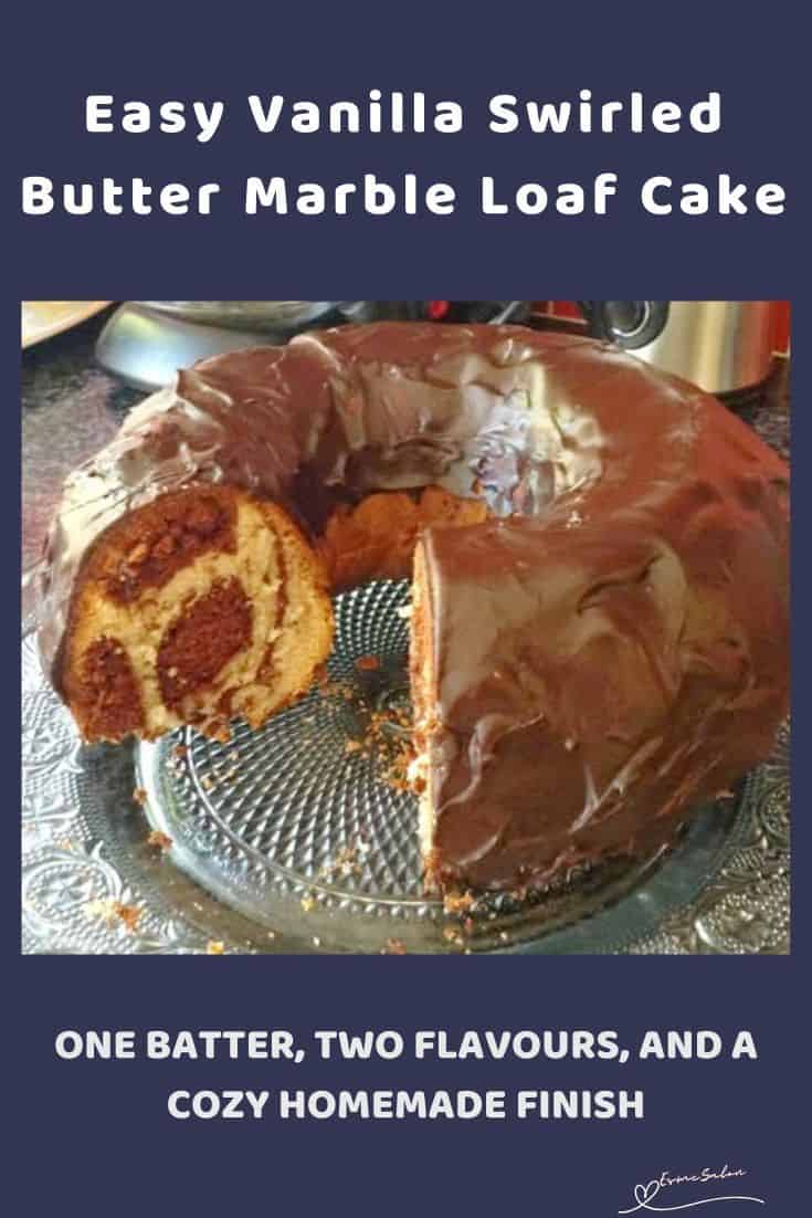 an image of a Bundt Style Swirled Butter Marble Loaf Cake with Ganache topping