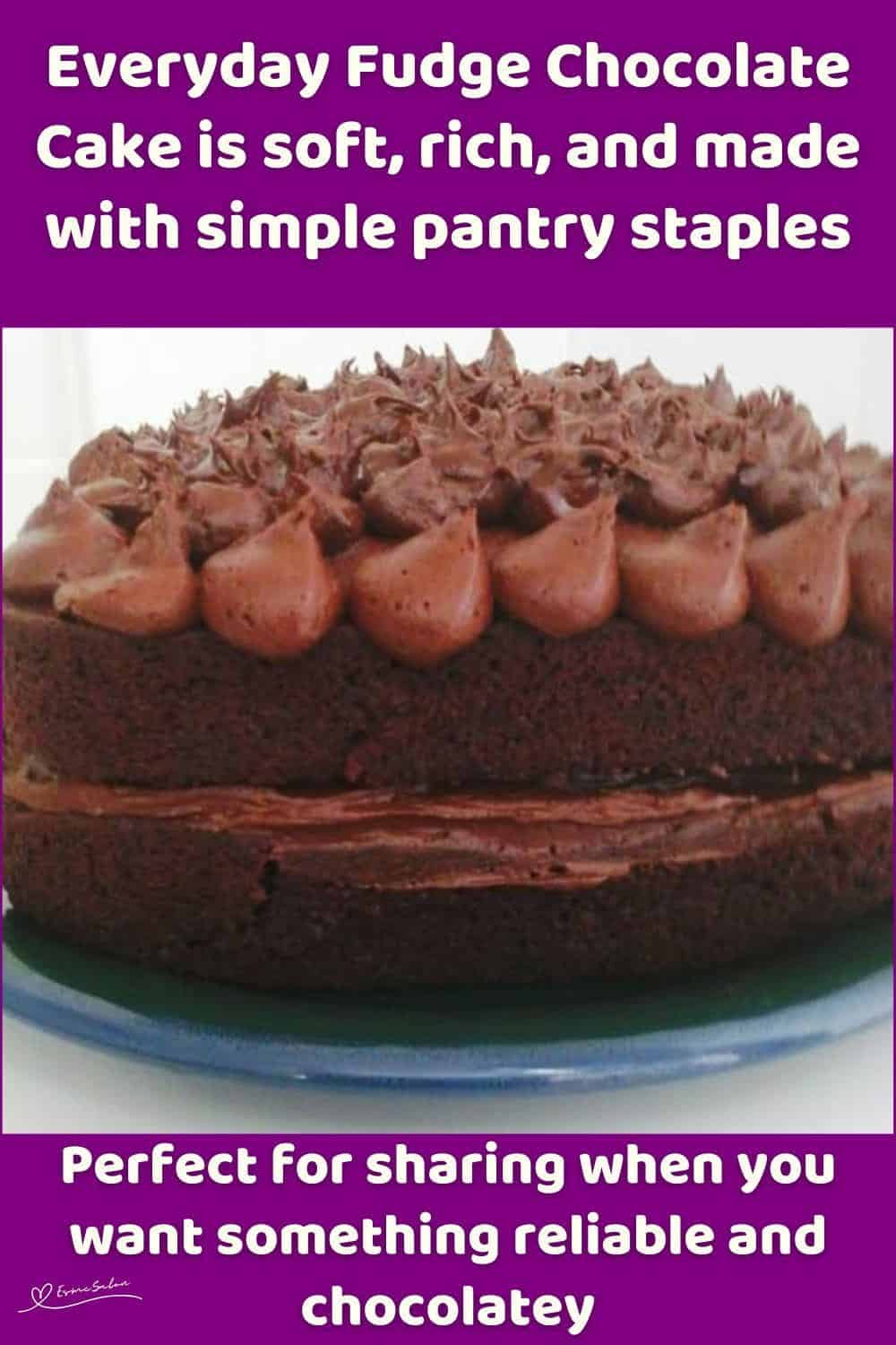 An image of a double layer Everyday Fudge Chocolate Cake with butter cream icing