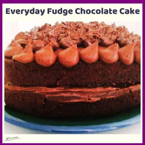 An image of a double layer Everyday Fudge Chocolate Cake with butter cream icing