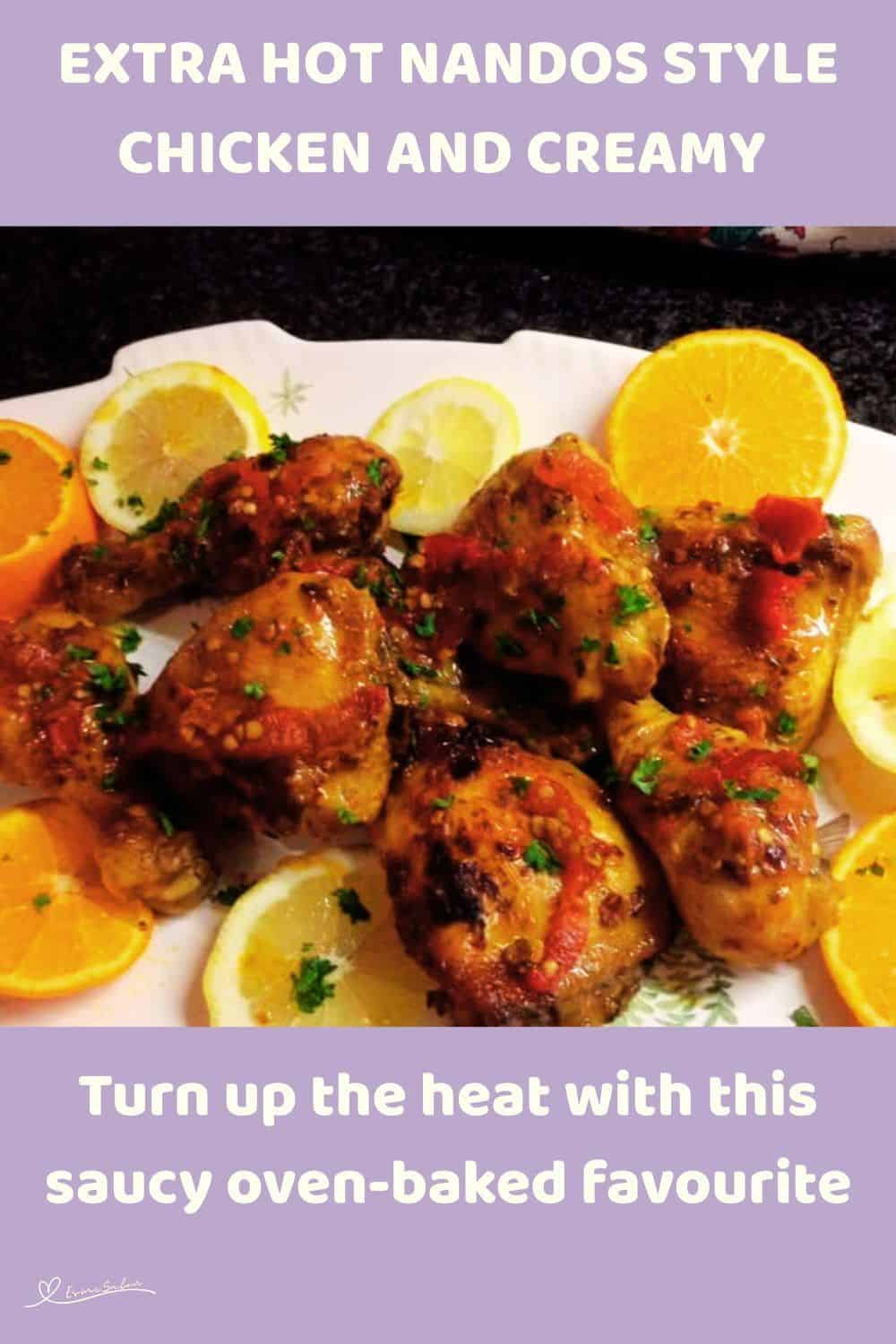 An image of a plate of Extra Hot Nandos Style Chicken with lemon slices