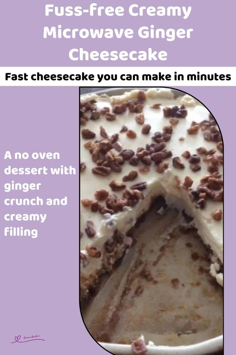 An image of a Creamy Microwave Ginger Cheesecake with a sprinkle pecan nuts on top