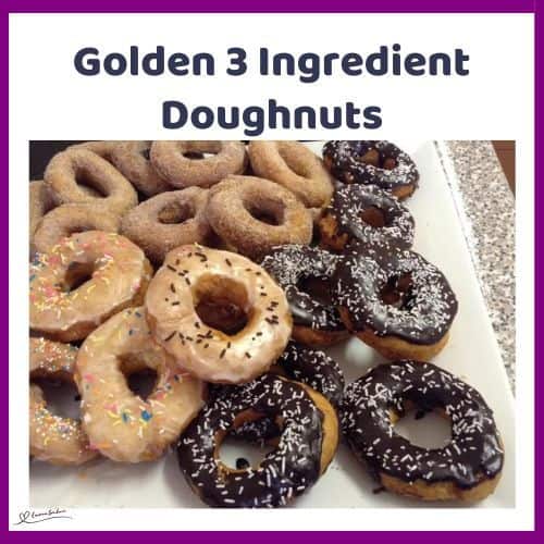 an image of a batch of Golden 3 Ingredient Doughnuts with white, chocolate glaze or cinnamon sprinkle