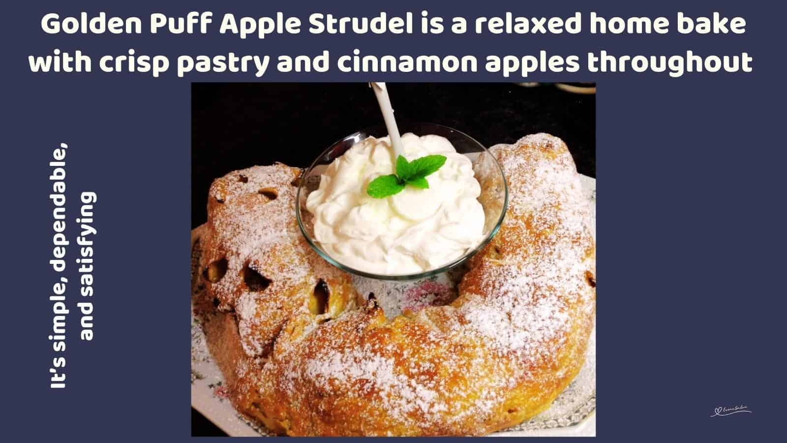 An image of a Golden Puff Apple Strudel with cream