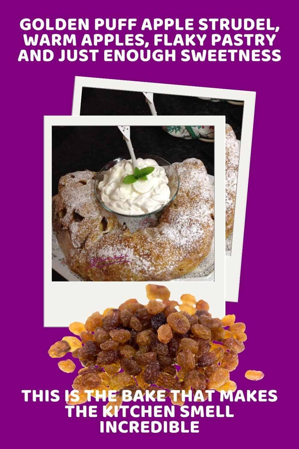 An image of a Golden Puff Apple Strudel with cream