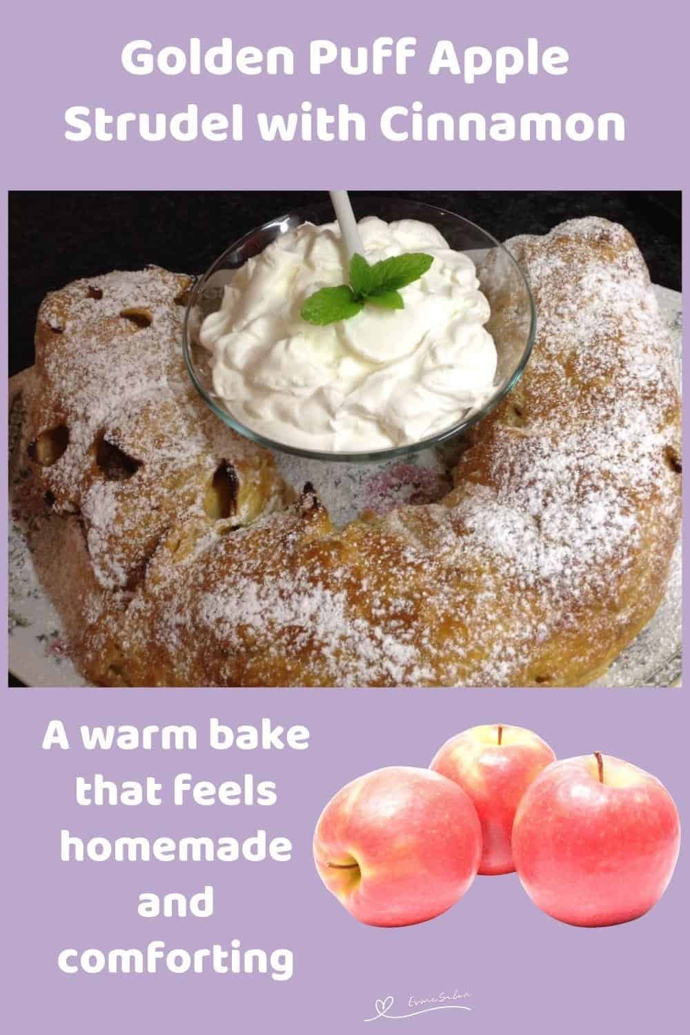 An image of a Golden Puff Apple Strudel with cream