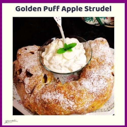 An image of a Golden Puff Apple Strudel with cream