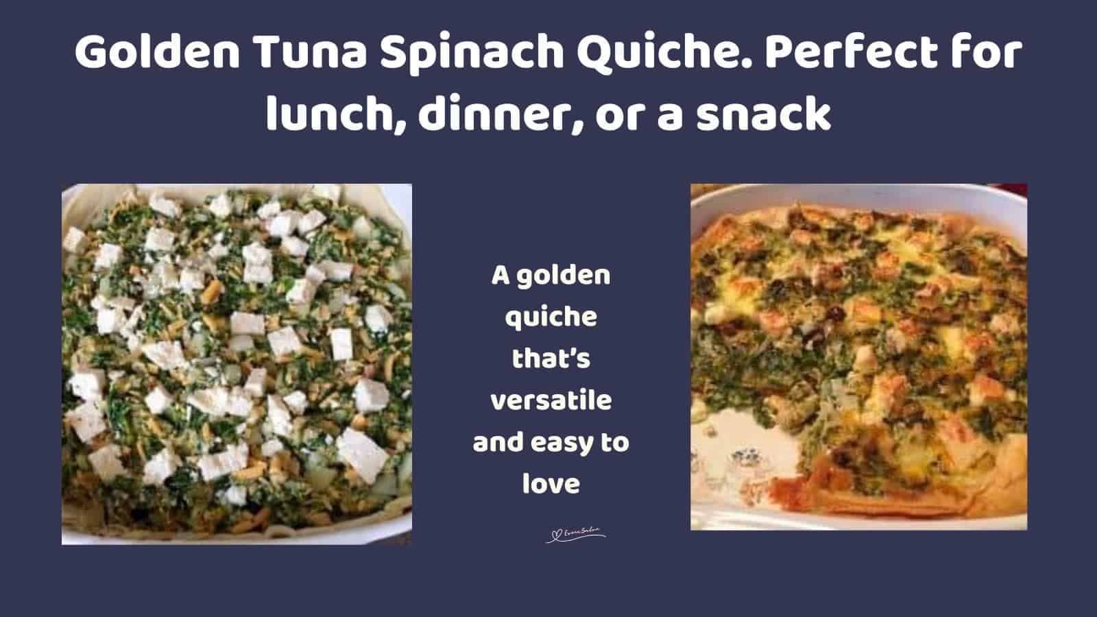 an image of a Golden Tuna Spinach Quiche in a pyrex dish